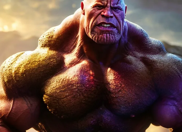 Prompt: Dwayne Johnson as Thanos, au naturel, hyper detailed, digital art, trending in artstation, cinematic lighting, studio quality, smooth render, unreal engine 5 rendered, octane rendered, art style by klimt and nixeu and ian sprigger and wlop and krenz cushart