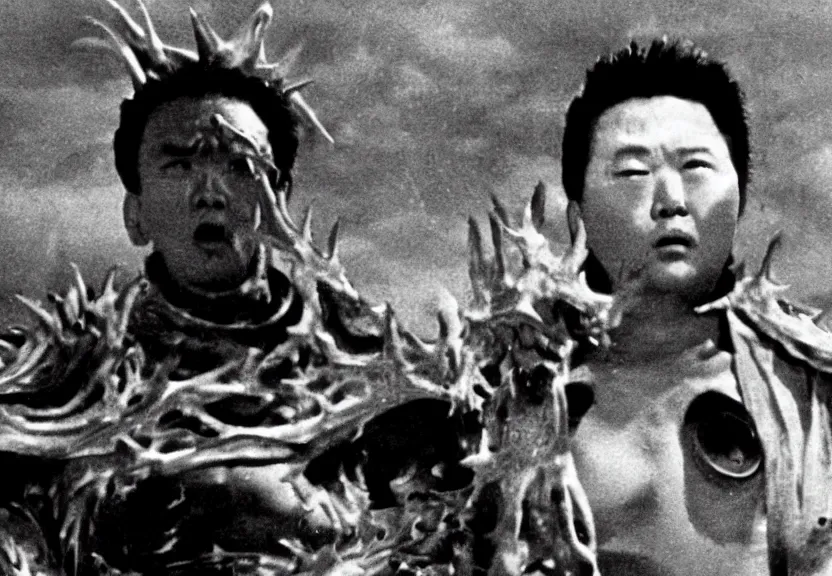 Image similar to a filmstill of pulgasari, kaiju starfish, monster movie, korean film noir, 1 9 5 0 s thriller, kim jong - il, in the style of rashomon and godzilla