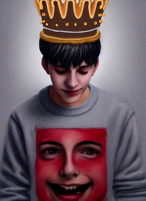 Image similar to portrait of teenage jughead jones wearing a light grey crown, photorealistic, crown, sweater with letter s on it, hamburger, eyes closed, crown, black hair, intricate, elegant, glowing lights, highly detailed, digital painting, artstation, concept art, smooth, sharp focus, illustration, art by wlop, mars ravelo and greg rutkowski