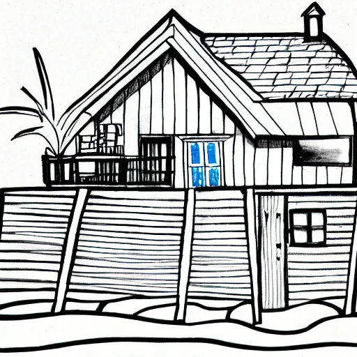 Image similar to imaginative drawing of a beach house, black ink outline, cel - shading