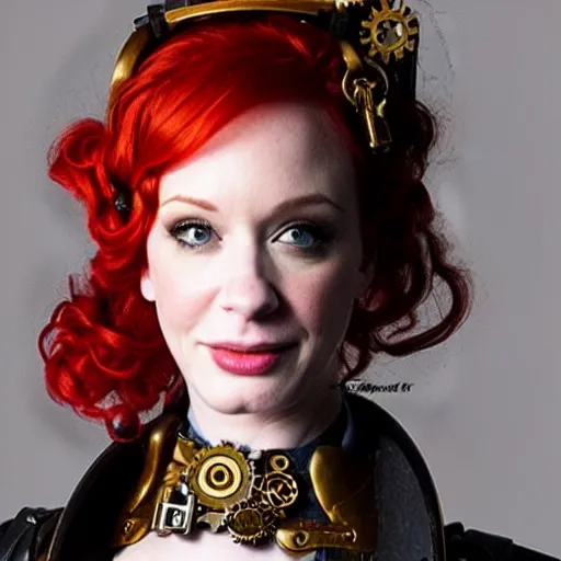 Image similar to full shot photo of christina hendricks as a steampunk warrior