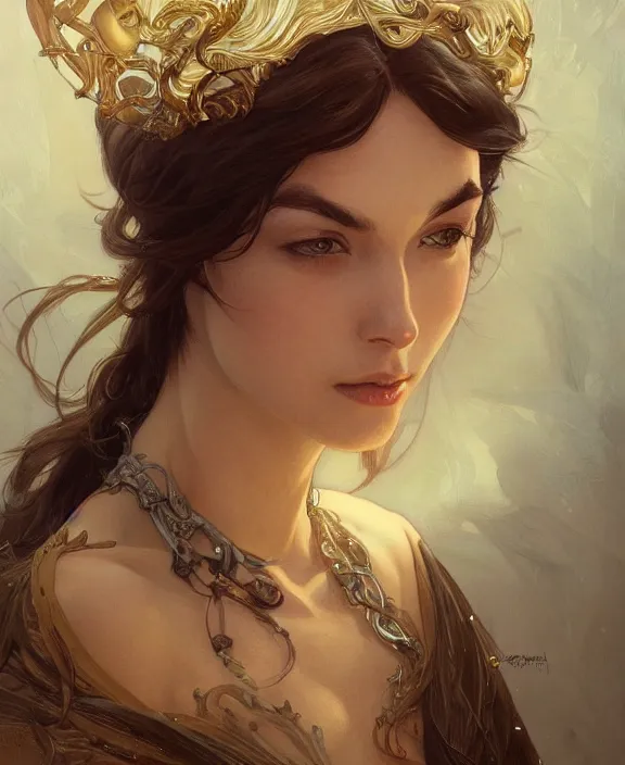 Image similar to portrait close up of woman, concentrated look, symmetry, d & d, fantasy, intricate, elegant, highly detailed, digital painting, artstation, concept art, art by artgerm and greg rutkowski and alphonse mucha, boris vallejo