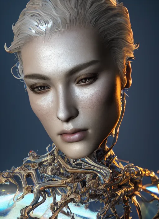 Prompt: beauteous stunning practical sumptuous androgynous biomechanical with incredible iridescent pearlescent voluminous hair, crystalline masterpiece incrustations, hyperdetailed face, elegant pose, movie still, intricate accuracy, octane render, cinematic forest lighting, cgsociety, unreal engine, crepuscular rays, god rays