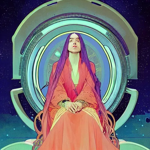 Image similar to closeup : billie eilish as the empress of the universe sits on stellar throne, concept art for a scifi film. by alphonse mucha and edward hopper. sharp focus, cinematic atmosphere, detailed and intricate, perfect anatomy, meticulous detail