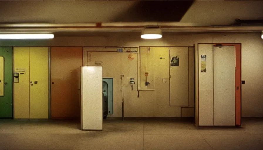 Image similar to 60s movie still of empty public toilets visible toilets, cinestill 800t 50mm eastmancolor, liminal Space style, heavy grain-s 150