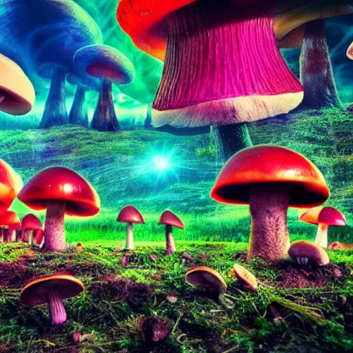 Prompt: mushroom city, dslr, colorful, fantasy,