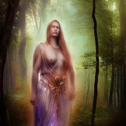 Image similar to goddess of the universe. fantasy. ultra realistic portrait of the women. wrapped in wet silk. melted wax. magical. high fantasy. forest. volumetric lighting. nature. haze. epic. cinema.