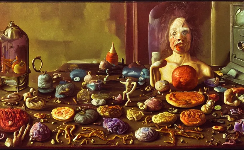 Prompt: strange full woman body, disturbing colorful oil painting dutch golden age vanitas still life sparse composition with bizarre objects strange gooey transparent surfaces shiny metal reflections bizarre mutant meat insects rachel ruysch dali todd schorr very detailed perfect composition rule of thirds masterpiece canon 5 0 mm, cinematic lighting, photography, retro, film, kodachrome