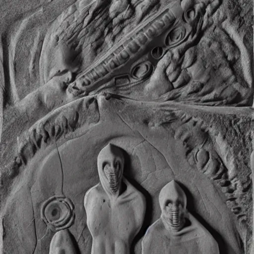 Image similar to stone relief of an apocalyptic prohecy picturing the arrival of aliens