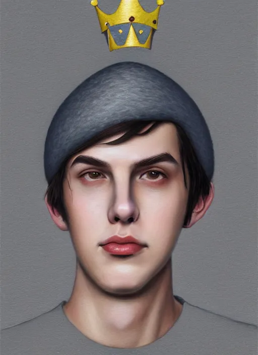 Image similar to portrait of teenage jughead jones wearing a light grey crown, photorealistic, crown made of felt fabric, crown, crown made of felt, black hair, intricate, elegant, highly detailed, digital painting, glowing lights, artstation, concept art, smooth, sharp focus, illustration, art by wlop, mars ravelo and greg rutkowski