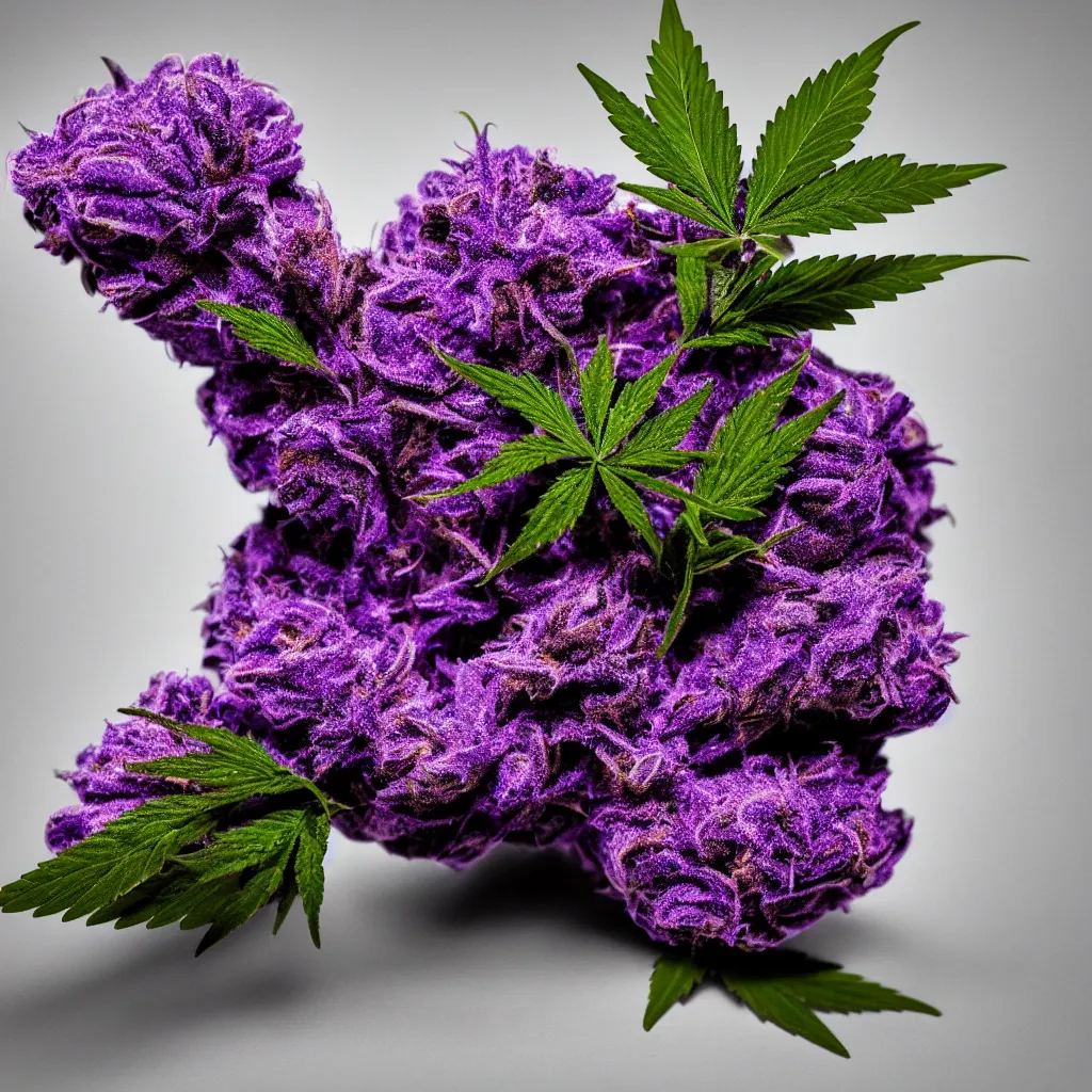 Prompt: a purple haze cannabis in pot, under dramatic light, photorealistic