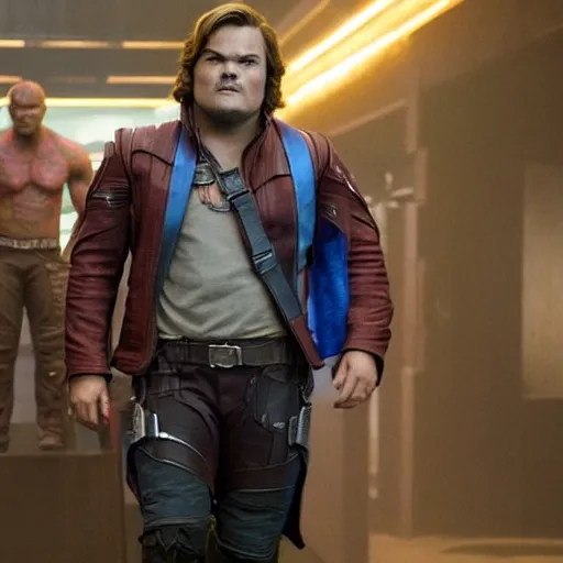 Image similar to film still of Jack Black as Star Lord in Guardians of the Galaxy