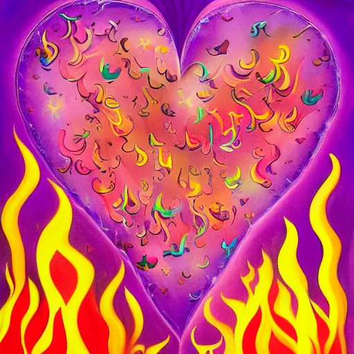 Image similar to a highly detailed painting of kitschy purple hearts in flames, inspired by lisa frank, dali, matisse, david hockney, trending on artstation, 4 k