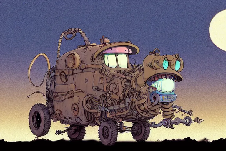 Image similar to a cell shaded cartoon of a lovecraftian mechanized burro from howl's moving castle ( 2 0 0 4 ), on a desert road, in front of a full moon, full body, wide shot, very muted colors, post grunge, studio ghibli, laurie greasley, highly detailed, deviantart, art by artgem