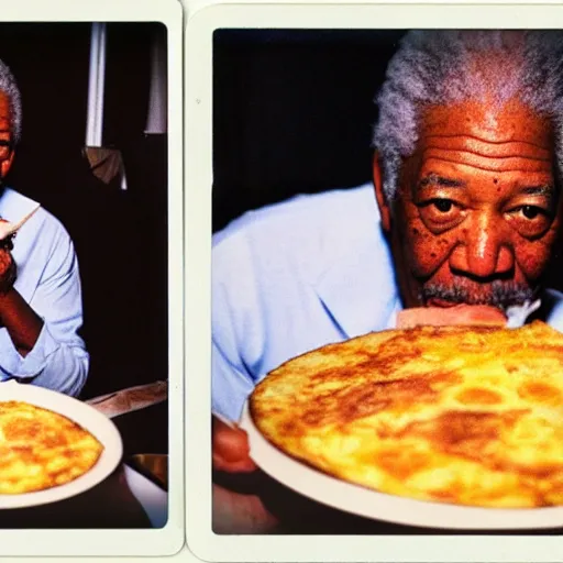 Image similar to polaroid photo of morgan freeman eating a spanish potato omelette