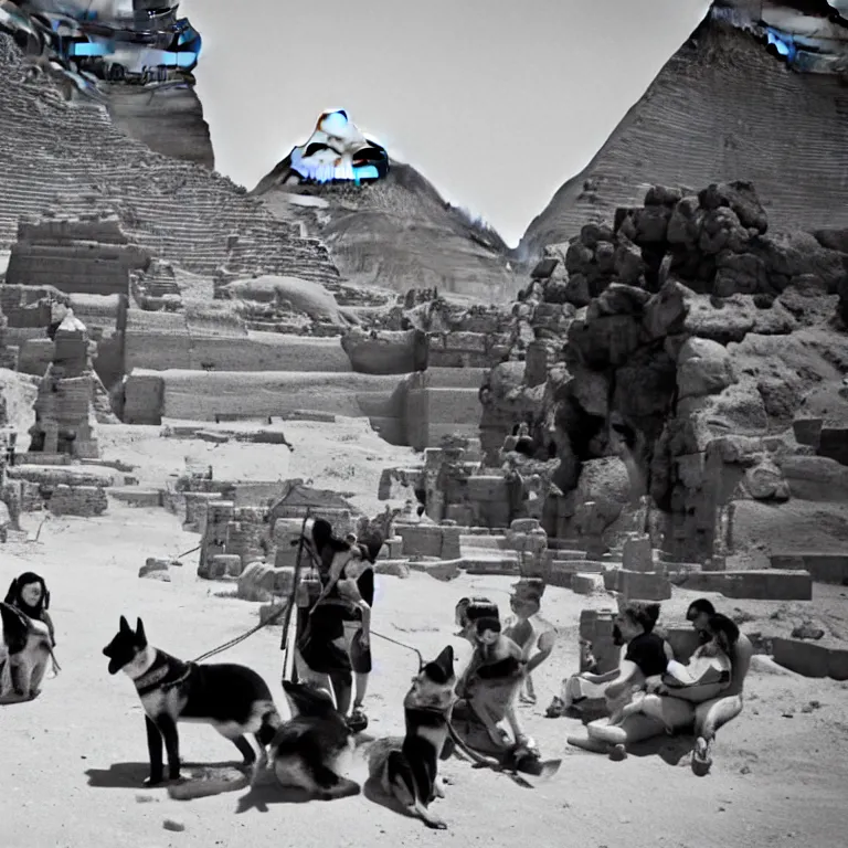 Image similar to black and white photo of explorers finding egypt's famous shiba inu temple