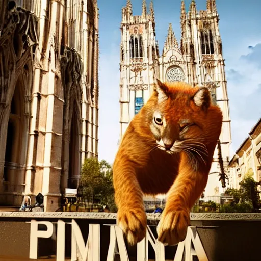 Prompt: A beautiful humanoid Puma holding a dripping fresh beer with its paws in the city centrum from Palma de Mallorca with Palma Cathedral in the background, highly detailed, octane render, k, cinematic, high detail, unreal engine, 8k, High contrast, golden ratio, trending on cgsociety