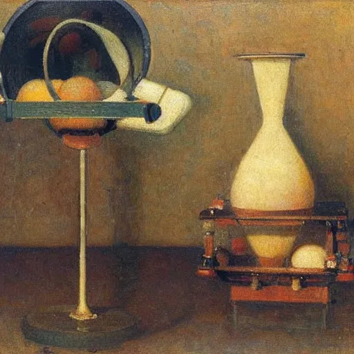 Prompt: A very very very very exquisite still life on the Symbolist theme of radio telescopes by Lucien Lévy-Dhurmer, oil on canvas, 1895, from the Musée d'Orsay