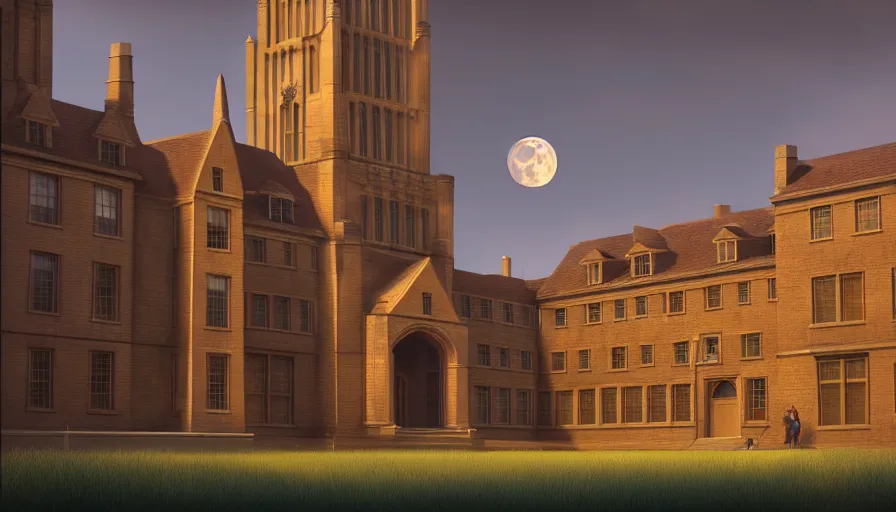 Prompt: princeton university buildings, hyperrealistic, highly detailed, cinematic, single ray of moon, beautiful, cgssociety, artstation, 8 k, oil painting