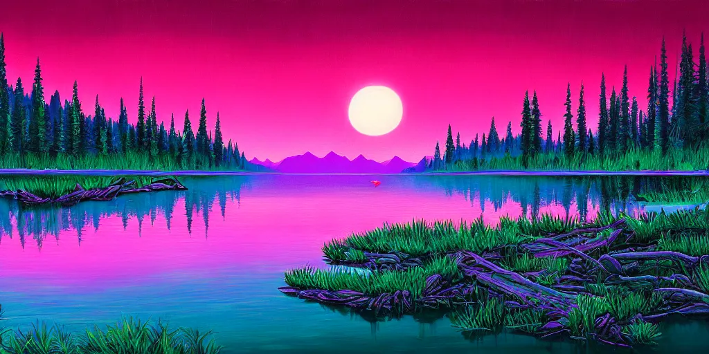 Image similar to beautiful award winning synthwave painting of a canadian lake, extreme detail, digital art, 4 k, ultra hd