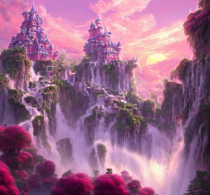 Prompt: beautiful!!! digital painting of a ( ( ( floating cloud kingdom ) ) ) with an intricate expensive castle and waterfalls!! | dreamy pink!!! sunset!!! intricate civilization, epic rim lighting, dramatic!!!! craig mullins, james jean, octane render, trending on artstation, deviantart, studio level quality, hyperdetailed
