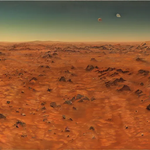 Image similar to mars, drone view, oleo painting, highly detailed, 8 k, photorealistic, art concept, artstation, sharp focus