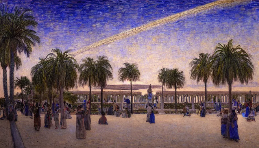 Image similar to a ultradetailed beautiful painting of the night sky of the amazonas palace balustrade designed by jules bastien - lepage, tarsila do amaral, frank weston and gustave baumann, beach, trending on artstation, mediterranean, palm trees, sharp focus, giant greek columns, soft light, 8 k 4 k