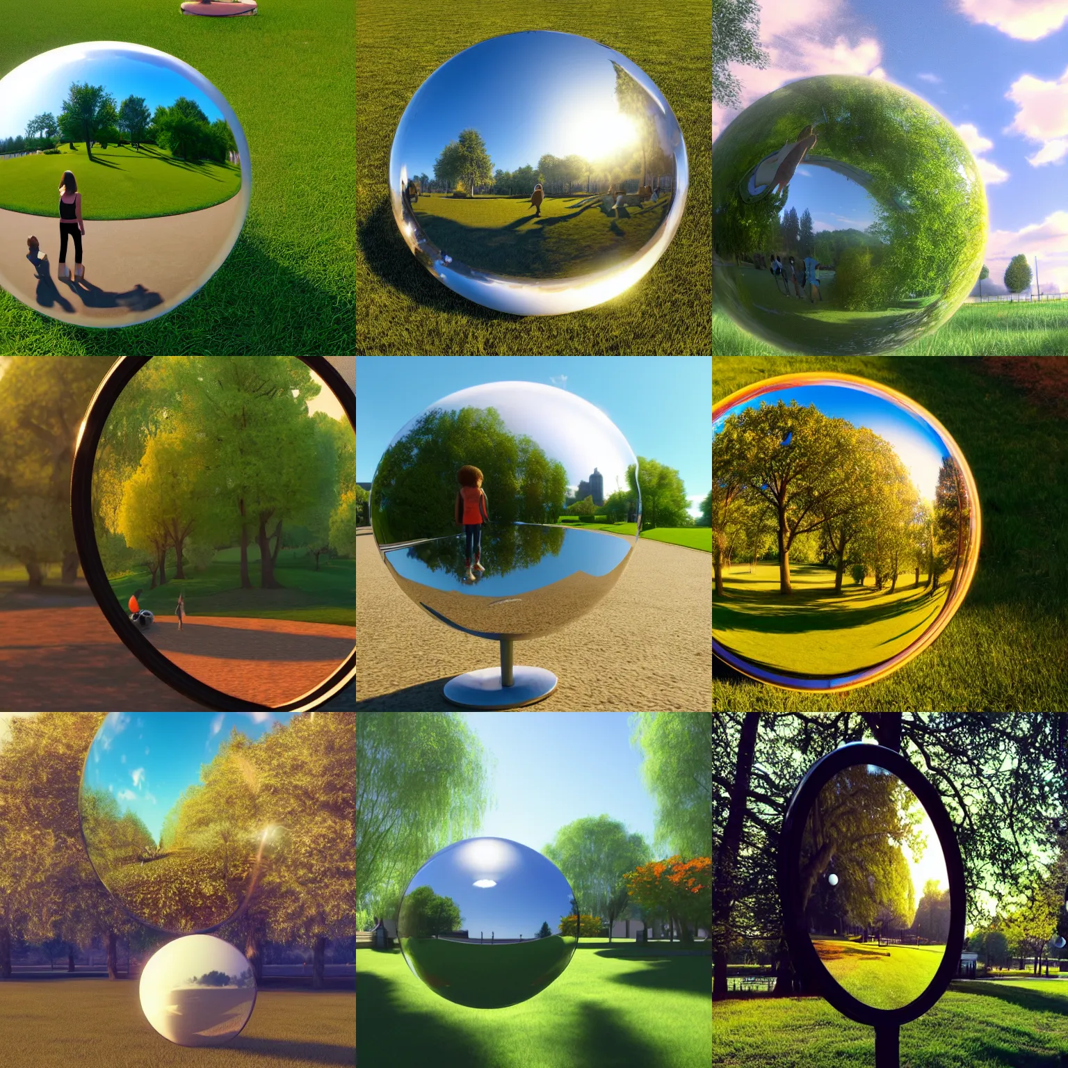 Prompt: spherical mirror in the park, beautiful sunny day, stylized, artstation, 4 k