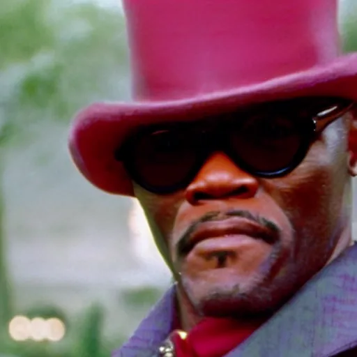 Image similar to a film still of Samuel L. Jackson dressed as a Pimp in a 1970s Blaxploitation film, 40mm lens, shallow depth of field, split lighting, cinematic