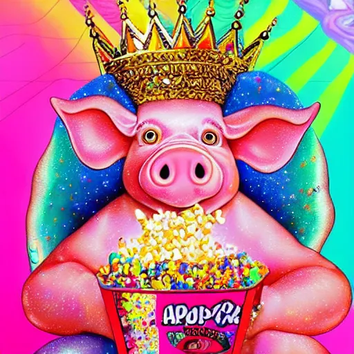 Prompt: lisa frank action pose pig wearing a gold crown throwing pop corn painting by android jones