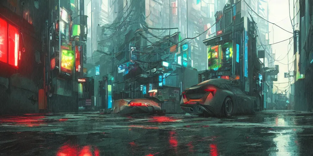 Image similar to Cyberpunk back alley with a futuristic car in the foreground on a rainy day in Japan, low angle view, detailed matte painting, cinematic, Simon Stalenhag, Artstation