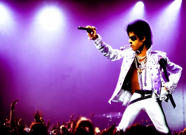 Image similar to photo still of prince from purple rain on stage at vans warped tour!!!!!!!! at age 3 3 years old 3 3 years of age!!!!!!!! throwing pancakes to the crowd, 8 k, 8 5 mm f 1. 8, studio lighting, rim light, right side key light