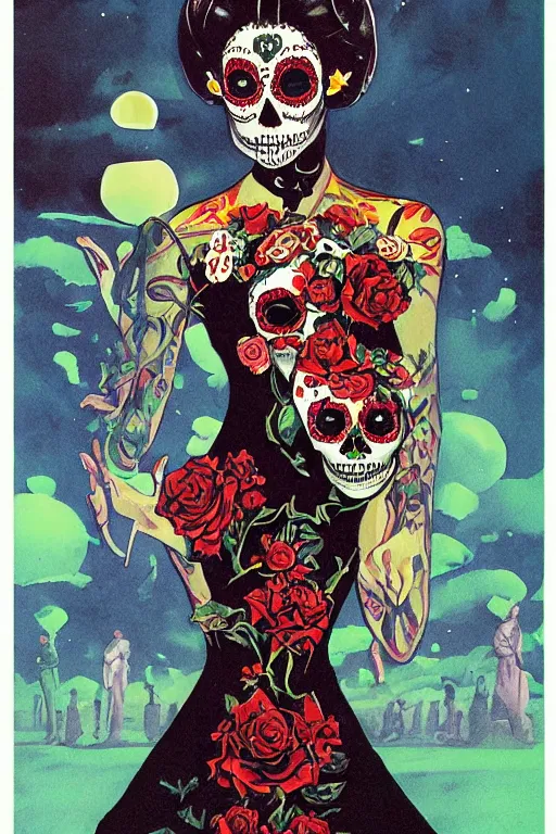Image similar to Illustration of a sugar skull day of the dead girl, art by vincent di fate
