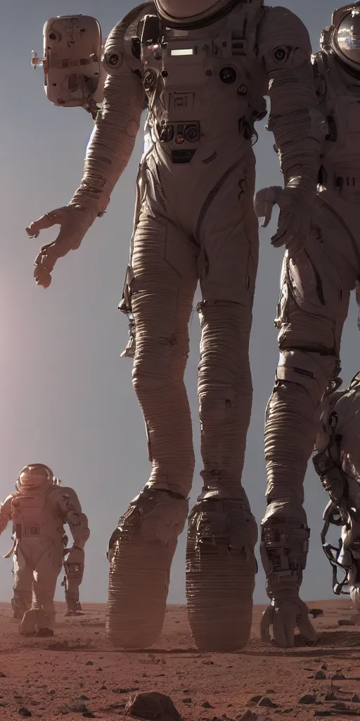 Image similar to concept art, american astronauts in the distance + new lightweight spacesuit landing on mars, musk's mars migration program, cyberpunk, backlight, epic, high detail, 8 k, octane rendering, unreal engine.