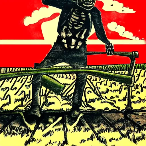 Prompt: a farmer skeleton working his field in the style of soviet cold war propaganda