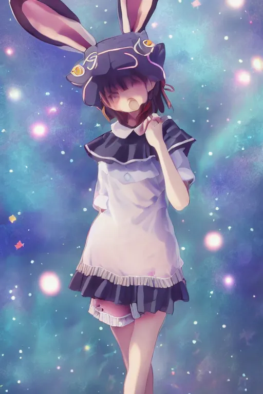 Image similar to Poster of tonemapped Smiling anime girl with bunny hat in the style of Makoto Shinkai and Yun Koga