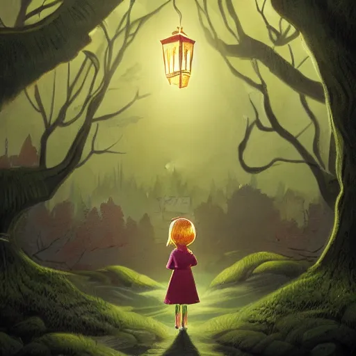 Image similar to in a dark forest, a small girl with a lantern finds a path leading to a strange castle.