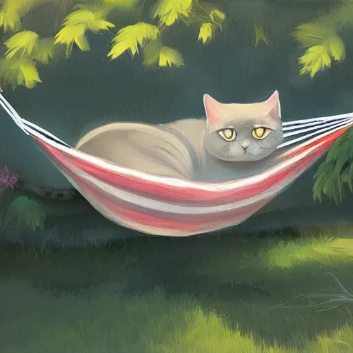 Image similar to a cat sleeping in a hammock, digital painting, ultradetailed, artstation, oil painting, ultradetailed, artstation