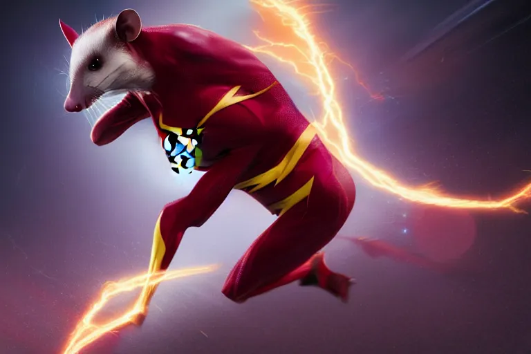 Image similar to a stunning digital painting of a opossum as the flash in spandex costume, running in the speedforce by greg rutkowski, volumetric light, digital art, fine detail, photorealistic