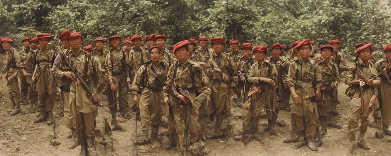 Image similar to a brigade of gurkhas pose valiantly after a well - foughtt victory, small details, intricate, 5 0 mm, cinematic lighting, photography, wes anderson, film, kodachrome