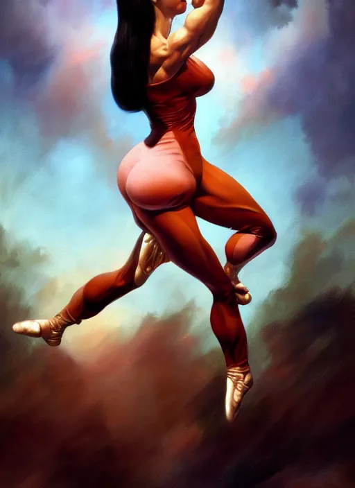 Image similar to muscular ballerina tight clothes that are tearing at the seams, digital painting, trending on artstation, 8 k wallpaper, frank frazetta, boris vallejo and julie bell