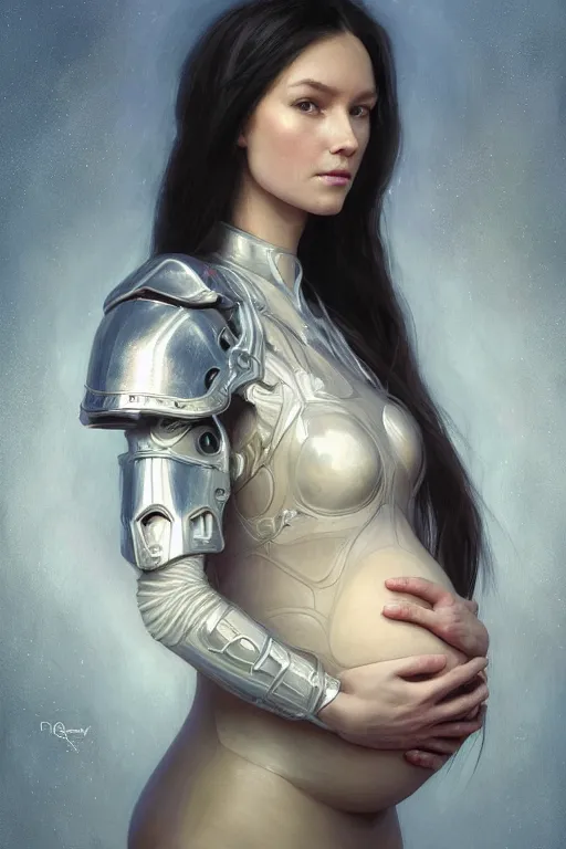 Prompt: ** professional portrait of pregnant peacefull cryogenic female dynamic pose , armor elements , long dark hair, beautiful bone structure, symmetrical facial features, intricate, elegant, digital painting, concept art, smooth, sharp focus, illustration, by Ruan Jia and Mandy Jurgens , and mucha, and Artgerm and William-Adolphe Bouguerea