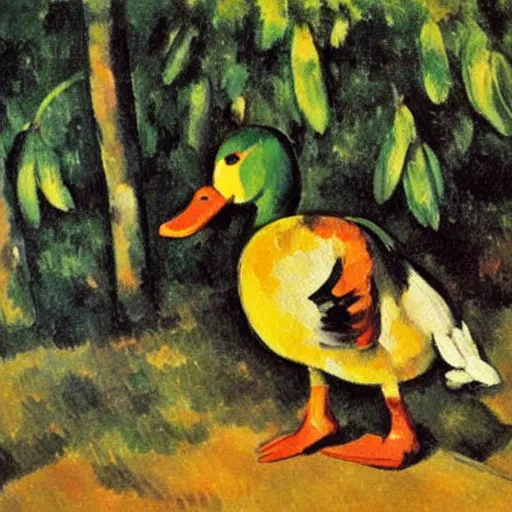 Prompt: a duck on the prowl oil painting paul cezanne