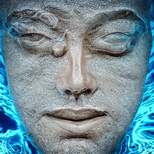 Image similar to a water sculpture in the shape of a human head, on the ocean water, cinematic, in the style of johnson tsang, long shot, hyper detailed, hyper realistic, ray tracing, 8 k resolution, sharp focus, realistic water, award winning