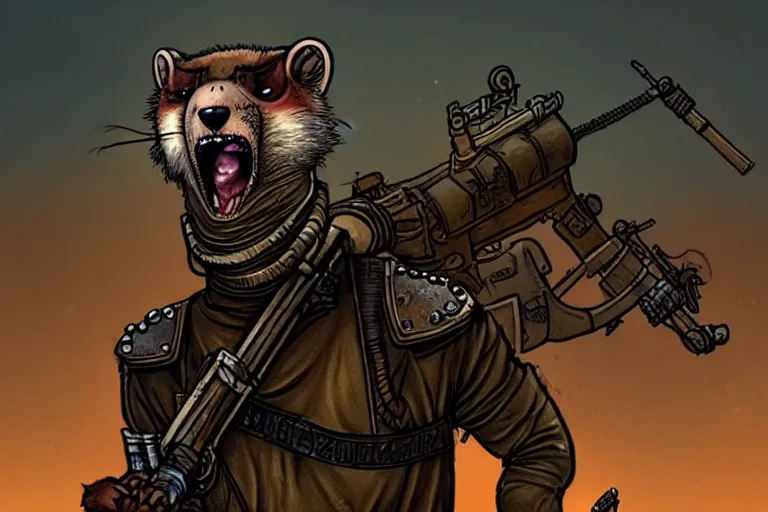 Image similar to a good ol'weasel fursona ( from the furry fandom ), heavily armed and armored facing down armageddon in a dark and gritty version from the makers of mad max : fury road. witness me.