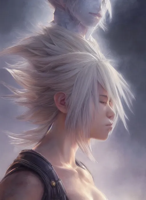 Image similar to realistic portrait painting of cloud from final fantasy, old mystic ruins, afternoon, intricate, elegant, highly detailed, digital painting, sharp, focus, by artgerm and greg rutkowski