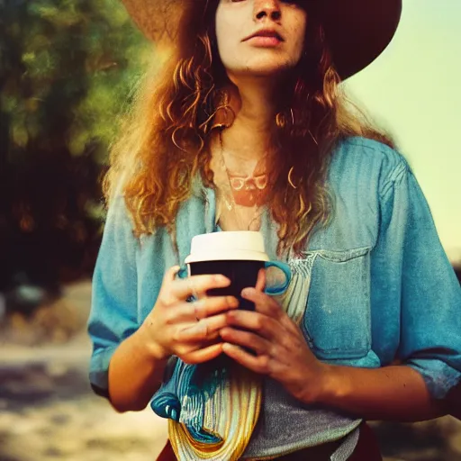 Image similar to portrait of a hippie drinking a coffee on the surface of the sun, kodak portra,