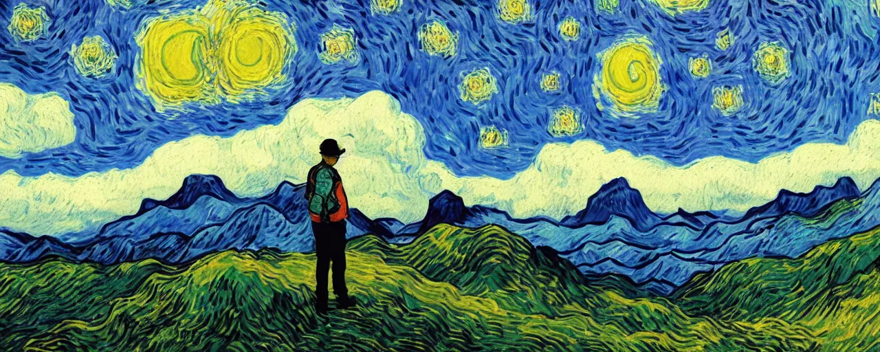 Image similar to landscape, mountain range in foreground, sky, style of Van Gogh starry night, atmospheric, cinematic, digital art, small man in center standing on mountain, mist in valleys