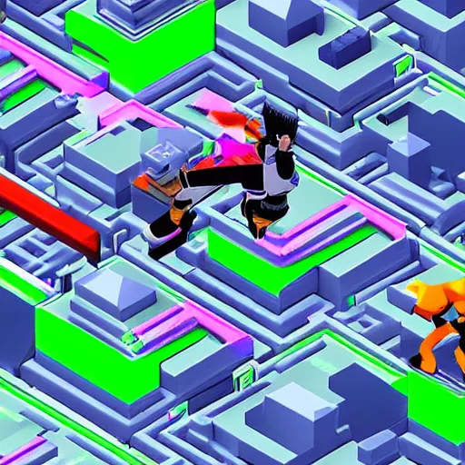 Image similar to isometric action game, punk, jet set radio + mirror's edge, highly detailed