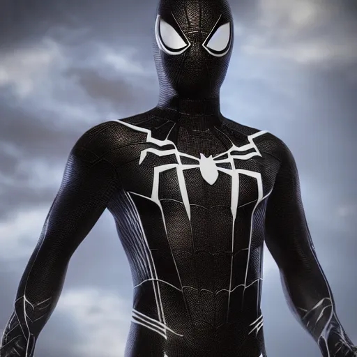 Image similar to black spider - man suit with white web lining, cinematic, volumetric lighting, realistic, hyperdetailed, photorealistic, photograph